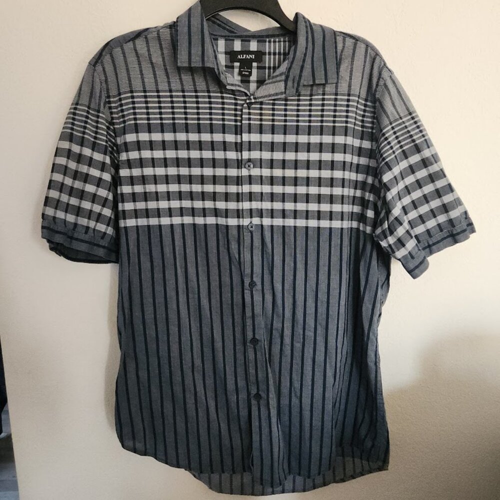 Alfani 100% Organic Cotton Button Up Shirt Navy Plaid Stripe Short Sleeve L
